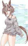  1girl animal_ears baggy_clothes black_tank_top blue_eyes blush breasts brown_hair cellphone commentary_request dress grey_dress grey_streaks hair_ornament hair_over_one_eye highres holding holding_phone horse_ears horse_girl horse_tail long_sleeves medium_breasts multicolored_hair open_mouth phone rulership_(casual)_(umamusume) rulership_(umamusume) shizuma0918 short_hair single_bare_shoulder smartphone solo streaked_hair tail tank_top torn_clothes torn_dress umamusume 