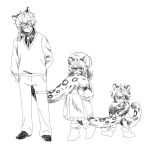  1boy 2girls aged_down animal_ear_fluff animal_ears arknights arm_behind_back biting biting_another's_tail blush boots braid brother_and_sister child cliffheart_(arknights) closed_eyes closed_mouth dress full_body fur_hat fur_trim greyscale hair_between_eyes hat highres holding_another's_tail long_sleeves monochrome multiple_girls pants pramanix_(arknights) pramanix_(young)_(arknights) rakkoonpo saliva shirt siblings silverash_(arknights) silverash_(young)_(arknights) silverash_family_(arknights) simple_background snow_leopard_boy snow_leopard_ears snow_leopard_girl snow_leopard_tail standing sweater tail white_background 