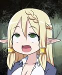 1girl ahegao blonde_hair braid commentary_request forest green_eyes hair_between_eyes hair_tubes nature open_mouth original pointy_ears rolling_eyes sidelocks solo super_masara super_masara_ahegao tree upper_body 