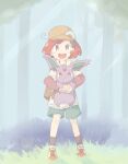  1girl backpack bag black_socks blossom_(pokemon) blue_shorts blush brown_bag brown_eyes brown_hat buck_teeth closed_mouth coba_to_coba commentary grass hair_ornament hairclip hat highres holding holding_pokemon horns layered_sleeves legs_apart long_sleeves nidoran nidoran_(male) open_mouth outdoors pokemon pokemon_(anime) pokemon_(creature) poketoon red_eyes red_hair red_shoes shirt shoes short_hair short_over_long_sleeves short_sleeves shorts single_horn smile socks standing straight-on teeth tree upper_teeth_only white_shirt 