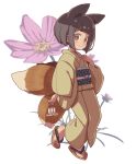  1girl animal_ears black_hair brown_eyes brown_kimono brown_sandals closed_mouth commentary_request dated floral_background flower fox_ears fox_girl fox_tail hand_up japanese_clothes kimono kitsune kukuri_(mawaru) long_sleeves mawaru_(mawaru) obi original pink_flower sandals sash short_hair simple_background smile solo tail white_background wide_sleeves zouri 