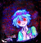  1boy antenna_hair basil_(headspace)_(omori) basil_(omori) book commentary_request crying crying_with_eyes_open dated double-parted_bangs english_text flower flower_wreath green_hair green_shirt hair_between_eyes head_wreath highres holding holding_book looking_at_viewer nervous_smile omori open_mouth red_eyes sakakien shirt short_hair short_sleeves sidelocks smile solo something_(omori) t-shirt tears 