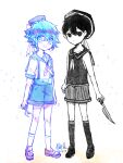  2boys alternate_costume antenna_hair basil_(headspace)_(omori) basil_(omori) black_eyes black_hair black_hat black_shoes black_socks blue_hat blue_shorts blush brown_shoes closed_mouth collarbone colored_skin commentary_request double-parted_bangs flower flower_wreath gardening_shears green_eyes green_hair grey_shorts hair_between_eyes hat head_wreath holding holding_knife invisible_floor kneehighs knife looking_at_viewer male_focus multiple_boys neckerchief omori omori_(omori) parted_lips red_neckerchief sakakien shoes short_sleeves shorts sidelocks sleeveless smile socks standing suspender_shorts suspenders white_background white_neckerchief white_skin white_socks 