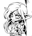  1girl alternate_ears alternate_form bangs belt blush breasts cleavage cropped_jacket fang grey_background greyscale jacket katarina_(league_of_legends) large_breasts league_of_legends long_hair looking_at_viewer monochrome navel open_clothes open_jacket phantom_ix_row pointy_ears solo stomach yordle 