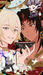  2boys asura_(onmyoji) bare_pectorals bishounen bisque black_hair blonde_hair bracelet dark_skin earrings facial_mark flower green_eyes highres japanese_clothes jewelry long_hair lotus male_focus multicolored_hair multiple_boys onmyoji pectorals short_hair taishakuten_(onmyoji) two-tone_hair 