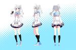  1girl 9-nine- ahoge arm_behind_back black_socks blue_background blue_shoes bow braid chest_bow closed_eyes closed_mouth commentary contrapposto cross-laced_shoes dress frilled_dress frills from_behind from_side full_body green_ribbon grey_hair hair_between_eyes hair_ribbon hakusen_academy_school_uniform hand_up highres kneehighs legs long_hair long_sleeves looking_to_the_side multiple_views niimi_sora ojin outstretched_hand pink_bow pleated_dress polka_dot polka_dot_background profile purple_eyes ribbon school_uniform shoes short_dress side_ponytail sidelocks simple_background single_braid sleeves_past_wrists smile sneakers socks standing two-tone_background waving white_background white_dress 