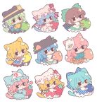  6+girls :< :3 absurdres animal_ears animal_hat apple apron arm_cannon arm_warmers ascot bat_wings bird_wings black_eyes black_hat black_skirt black_wings blonde_hair blue_bow blue_dress blue_eyes blue_hair blue_hat blue_kimono blue_shirt blue_skirt blueberry blush_stickers bow brown_hair brown_shirt cape cat_girl cat_tail chest_eye chibi chibi_only cirno closed_mouth collared_shirt commentary_request control_rod_(touhou) crystal crystal_wings detached_wings disembodied_linked_eye dress eyeball feathered_wings flandre_scarlet food fox_ears fox_girl fox_mask fox_tail frilled_shirt_collar frilled_sleeves frills fruit fruit_hat_ornament green_apple green_bow green_hair green_skirt hair_between_eyes hair_bow hat hat_bow hat_ornament hat_ribbon hata_no_kokoro heart heart_of_string highres hinanawi_tenshi ice ice_wings japanese_clothes kemonomimi_mode kimono komeiji_koishi leaf_hat_ornament lemon long_hair long_sleeves looking_at_viewer mask mask_on_head mizuhashi_parsee mob_cap multicolored_wings multiple_girls one_side_up orange_skirt peach peach_hat_ornament pinafore_dress pink_hair pink_hat pink_shirt pink_skirt plaid_clothes plaid_shirt pointy_ears print_cape puffy_short_sleeves puffy_sleeves red_ascot red_skirt red_vest reiuji_utsuho remilia_scarlet ribbon saigyouji_yuyuko scarf shirt short_sleeves silverrain simple_background skirt skirt_cutout skirt_set sleeve_garter sleeveless sleeveless_dress strawberry tail third_eye touhou triangular_headpiece two-sided_cape two-sided_fabric very_long_hair vest waist_apron weapon white_apron white_background white_cape white_hat white_scarf white_shirt wide_sleeves wings yellow_ascot yellow_bow yellow_shirt 