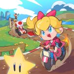  1boy 1girl anjohink billboard blonde_hair blue_eyes blue_shorts blue_sky bow brown_gloves building chibi chibi_only cloud commentary cow day debris denim denim_shorts dust earrings english_commentary eyelashes fence fingerless_gloves fire flower gloves go-kart grass hair_bow highres jacket jewelry lips long_hair mario mario_(series) mario_kart mario_kart_world moo_moo_(mario) motion_blur motor_vehicle motorcycle official_alternate_costume official_alternate_hairstyle on_motorcycle open_clothes open_jacket open_mouth outdoors pink_bow pink_jacket pink_lips pink_shoes ponytail princess_peach princess_peach_(touring) racetrack red_shell_(mario) riding riding_motorcycle shirt shoes shorts sky smile star_(symbol) super_star_(mario) thrusters toad_(mario) turtle_shell water white_shirt wooden_fence yellow_flower 