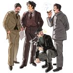  4boys absurdres artist_name black_hair black_hat black_jacket black_shoes brown_necktie brown_pants brown_suit brown_vest coat communism facial_hair freckles full_body glasses goatee grey_coat grey_pants grey_shirt grigory_zinoviev hand_in_pocket hand_up hands_in_pockets hat high_collar highres holding holding_paper holding_smoking_pipe invisible_floor jacket joseph_stalin lev_kamenev long_sleeves looking_at_another male_focus multiple_boys mustache necktie nikolai_bukharin pants paper profile rabiadraw real_life shirt shoes short_hair simple_background smoking_pipe squatting standing suit turning_head vest white_background white_shirt 