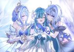  3girls aqua_hair aqua_sleeves armband asymmetrical_gloves baeksansan ballerina ballet_dress bandeau blue_dress blue_gloves bridal_gauntlets choker collar commentary_request detached_collar detached_sleeves dress dual_persona feathers fins flower fur_sleeves genshin_impact gloves grey_choker hair_flower hair_ornament hair_over_one_eye head_fins heart_ornament merfolk mismatched_gloves multiple_girls odette_(genshin_impact) pearl_hair_ornament puffy_detached_sleeves puffy_sleeves single_bridal_gauntlet slavic_clothes strapless strapless_dress tutu vodyanitsa_(genshin_impact) white_armband white_background white_bandeau white_bridal_gauntlets white_collar white_feathers white_flower white_sleeves 
