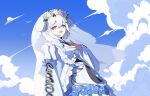  1girl :d absurdres animal_ears blue_eyes blue_sky braid breasts clothes_writing cloud commentary_request commission cross detached_sleeves dog_ears dot_nose double-parted_bangs dress fake_animal_ears fingernails from_below genderswap genderswap_(mtf) hair_between_eyes hand_on_own_chest hand_up head_wreath highres iro_cloud korean_commentary long_sleeves looking_at_viewer mansahyung medium_breasts official_alternate_costume official_alternate_hairstyle outdoors single_braid skoshism sky sleeveless sleeveless_dress smile solo upper_body utaite veil virtual_youtuber white_dress white_hair white_veil 