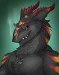  anthro black_sclera bust_portrait fangs fire hi_res horn jewelry kadohusky male mane markings multicolored_eyes multicolored_markings necklace portrait sergal solo solo_focus syvelldasergal_(lyrusfirewolf) teeth_showing 