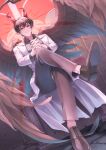  1boy black_hair black_shirt black_wings coat collared_shirt commentary_request crossed_legs demon_horns demon_king_of_salvation dreaming_nozomu feathered_wings from_below highres horns interlocked_fingers kim_dokja looking_at_viewer male_focus omniscient_reader's_viewpoint open_clothes open_coat own_hands_clasped own_hands_together red_eyes shirt short_hair sitting smirk solo white_coat wings 
