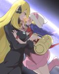  2girls age_difference bag black_coat black_nails black_pants black_shirt blonde_hair blue_hair blush boots breasts chorimokki coat commentary_request cynthia_(pokemon) dawn_(pokemon) duffel_bag eye_contact from_side hair_ornament hairclip hat holding_another's_wrist large_breasts leg_up licking_lips long_hair long_sleeves looking_at_another multiple_girls nervous open_mouth pants pink_boots pink_skirt pokemon pokemon_diamond/pearl/platinum red_scarf scarf shirt skirt sleeveless sleeveless_shirt small_breasts sweatdrop tongue tongue_out very_long_hair white_hat yuri 
