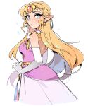  1girl absurdres almightychiru armor blonde_hair blue_eyes circlet commentary dress earrings elbow_gloves english_commentary gem gloves highres jewelry pointy_ears princess_zelda red_gem shoulder_armor simple_background solo sparkle the_legend_of_zelda the_legend_of_zelda:_ocarina_of_time triforce white_background white_gloves 