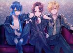  3boys agatsuma_zenitsu black_suit commentary_request contemporary couch crossed_legs hashibira_inosuke highres kamado_tanjirou kimetsu_no_yaiba male_focus matching_outfits mayoko_na_kuroneko multiple_boys on_couch sitting suit 