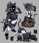  1girl :3 adjusting_clothes adjusting_headwear animal_ears baseball_cap belt black_boots black_shorts black_sports_bra boots cat_ears cat_girl cat_tail clothes_around_waist colored_skin commentary cropped_hoodie drawstring ears_through_headwear english_commentary fingerless_gloves gloves grey_background grey_hair gun half_updo hat headset highres holding holding_gun holding_weapon hood hood_down hoodie jack-o'_challenge jumpsuit jumpsuit_around_waist legs_apart mr_plagu3 navel non-humanoid_robot original pouch robot sentry shorts simple_background solo sports_bra standing stomach tactical_clothes tail top-down_bottom-up twitter_username weapon weapon_request white_skin wrench 