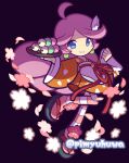  1girl ahoge ankle_flower apron black_background blue_eyes blush_stickers cherry_blossoms clenched_hand commentary_request dango earrings falling_petals flower food full_body hair_ornament hands_up holding holding_plate japanese_clothes jewelry kimono long_hair long_sleeves official_alternate_costume official_style orange_kimono pantyhose parted_lips petal_print petals pimyuhuwa pink_flower pink_hair pink_pantyhose pink_petals plate print_kimono puyopuyo puyopuyo_quest raffina_(puyopuyo) raffina_(sakura)_(puyopuyo) sandals sanshoku_dango short_kimono simple_background smile solo striped_clothes striped_pantyhose tasuki twitter_username very_long_hair wagashi waist_apron waitress white_apron wide_sleeves wing_hair_ornament zouri 