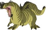  ambiguous_gender back_spikes feral front_view gaping_mouth green_body imperatorcaesar open_mouth red_tongue sharp_teeth simple_background solo species_request spiked_tail spikes spikes_(anatomy) standing striped_back striped_body striped_neck stripes teeth tongue white_background 