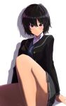  1girl absurdres amagami bangs black_hair breasts closed_mouth commentary_request highres jacket kibito_high_school_uniform long_sleeves looking_at_viewer medium_breasts mitojyaneeeeyo nanasaki_ai school_uniform short_hair simple_background sitting skirt smile solo 