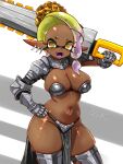 1girl armor blonde_hair breasts cleavage commentary_request dark-skinned_female dark_skin dated_commentary domino_mask eye_mask fangs frye_(splatoon) gradient_hair hand_on_own_hip highres holding holding_sword holding_weapon large_breasts looking_at_viewer mask multicolored_hair navel open_mouth pelvic_curtain purple_hair solo splatoon_(series) standing stomach sword t2ukmyjm thighs weapon 
