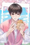  ... 1boy :q ahoge black_eyes black_hair bracelet check_food cherry_blossoms cherry_tree chinese_text commentary dreaming_nozomu food food_request holding holding_food jewelry kim_dokja long_sleeves looking_at_viewer male_focus omniscient_reader's_viewpoint pink_vest shirt short_hair solo speech_bubble spoken_ellipsis taiyaki tongue tongue_out translation_request vest wagashi white_shirt 