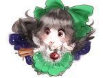  1girl akanbe arm_cannon black_hair black_wings blush bow cape chest_eye chibi chibi_only closed_mouth commentary_request control_rod_(touhou) cookie_(touhou) eyelid_pull feathered_wings full_body green_bow green_skirt hair_bow kinako_(nurupoga) long_hair looking_afar nadeko_(cookie) puffy_short_sleeves puffy_sleeves red_eyes reiuji_utsuho shirt short_sleeves simple_background skirt smile solo starry_sky_print tongue tongue_out touhou weapon white_background white_shirt wings 
