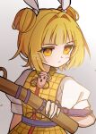  1girl armor armored_dress blonde_hair closed_mouth commentary_request double_bun dress expressionless gradient_background grey_background hair_bun hair_ribbon haniwa_(statue) highres holding illust_atelier3 joutouguu_mayumi looking_at_viewer one-hour_drawing_challenge puffy_short_sleeves puffy_sleeves ribbon short_hair short_sleeves signature simple_background solo touhou vambraces watermark white_ribbon yellow_armor yellow_dress 