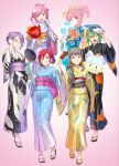  6+girls aiba_ami black_kimono brown_hair digimon digimon_linkz digimon_story:_cyber_sleuth digimon_story:_time_stranger digimon_world_re:digitize_decode green_hair highres japanese_clothes kimono kurihara_hina looking_at_viewer mikagura_mirei misono_inori multiple_girls nakano_haito official_alternate_costume official_art open_mouth pink_eyes pink_hair purple_hair red_hair rindou_akiho shinomiya_rina t-okada third-party_source 