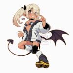  1girl bikini bikini_under_clothes black_bikini black_thighhighs black_wings breasts brown_eyes brown_hair commentary_request demon_girl demon_tail demon_wings eyes_visible_through_hair full_body grey_background hair_over_one_eye jacket long_sleeves mawaru_(mawaru) off_shoulder open_clothes open_jacket original shoe_soles shoes side_ponytail simple_background single_thighhigh small_breasts socks solo swimsuit tail thighhighs watermark white_jacket white_socks wings yellow_shoes 
