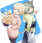  2girls absurdres animal_ear_piercing animal_ears artist_collaboration bag black_pants blonde_hair blue_pants bob_cut bottle bowl box breasts brown_eyes cat_ears cat_girl cat_tail cigarette closed_eyes commentary_request crossover dokagui_daisuki!_mochizuki-san food grey_hair hand_on_own_hip highres holding holding_bag holding_bottle holding_bowl holding_cigarette large_breasts maruyono_kamome mayonnaise_bottle mikirou mochizuki_mikoto mole mole_above_mouth multiple_girls nyannyan_factory official_art pants pink_sweater plastic_bag ribbed_sweater satou_yaniko short_hair smoke smoking steam sweater tail yani_neko 