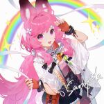  1girl :d animal_ear_fluff animal_ears arknights black_skirt clothes_writing coat commentary cowboy_shot english_commentary film_grain fingerless_gloves fur-trimmed_skirt fur_trim gloves gu_tao hair_intakes highres infection_monitor_(arknights) long_hair material_growth open_mouth orange_gloves oripathy_lesion_(arknights) pink_eyes pink_hair rainbow sample_watermark skirt smile solo sparkle standing thumpy_(arknights) watermark white_background white_coat 