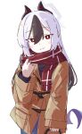  1girl black_hair black_horns blue_archive blush brown_jacket closed_mouth commentary_request demon_horns hair_between_eyes highres horns jacket kayoko_(blue_archive) long_hair long_sleeves looking_at_viewer multicolored_hair purple_wings red_eyes red_scarf ringosu scarf simple_background single_wing sketch smile solo standing two-tone_hair white_background white_hair wings 