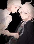  2boys :d bangs black_background black_jacket chain chenniiiii collar danganronpa_(series) danganronpa_2:_goodbye_despair danganronpa_another_episode:_ultra_despair_girls green_necktie green_shirt grey_eyes grey_hair hair_between_eyes highres hinata_hajime holding holding_chain jacket komaeda_nagito male_focus medium_hair messy_hair metal_collar multiple_boys necktie open_clothes open_jacket open_mouth red_eyes red_shirt servant_(danganronpa) shirt simple_background smile striped striped_shirt teeth upper_teeth white_hair white_shirt 