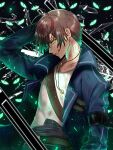  1boy absurdres arm_behind_head arm_up belt blood blood_on_face blue_jacket broken_glass brown_hair commentary cross cross_necklace dark_background ebora english_commentary evil_smile extra_eyes glass glass_shards glowing glowing_eye glowing_eyes green_eyes highres jacket jewelry male_focus necklace open_clothes open_jacket pendant profile scabbard sheath shirt short_hair slit_pupils smile smirk solo sword umineko_no_naku_koro_ni weapon white_shirt willard_h._wright yellow_eyes 
