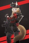  1girl absurdres animal_ears assault_rifle blonde_hair blue_eyes dog_ears dog_girl fang gun h&amp;k_g36 h&amp;k_g36c highres long_hair looking_at_viewer military_combat_uniform military_uniform nyagurisushi open_mouth original rifle smile solo tactical_clothes weapon 