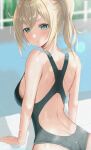 1girl :t arm_support back_cutout black_swimsuit blonde_hair blue_eyes blurry blurry_background blush breasts clothing_cutout haro_art highres hololive kazama_iroha large_breasts long_hair looking_at_viewer looking_back one-piece_swimsuit ponytail pool pout sideboob solo swimsuit virtual_youtuber 