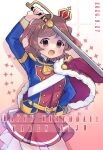  1girl :d aijo_karen arm_up badge belt belt_buckle blue_jacket blush brown_eyes brown_hair buckle buttons character_name commentary_request contrapposto cowboy_shot crown dated dot_nose double-breasted english_text epaulettes fur-trimmed_jacket fur_trim futon_(huton0v0) gem gradient_background happy_birthday highres holding holding_sword holding_weapon jacket jacket_on_shoulders long_sleeves looking_at_viewer mini_crown multicolored_jacket open_mouth partial_commentary pink_background possibility_of_puberty_(sword) red_gem red_jacket red_skirt sash short_hair shoujo_kageki_revue_starlight shoulder_sash single_horizontal_stripe skirt smile solo standing star_(symbol) star_symbol_background striped_clothes striped_skirt swept_bangs sword tassel tilted_headwear two-tone_jacket two_side_up waist_cape weapon white_sash yellow_belt yellow_trim 