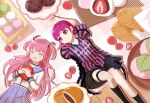  2girls :3 :d ^_^ angel_beats! arms_up artist_name asymmetrical_legwear black_choker black_skirt blue_sailor_collar blue_skirt blush brown_eyes choker closed_eyes closed_mouth commentary cowboy_shot daifuku dango dorayaki drop_shadow fang feet_out_of_frame fishnet_thighhighs fishnets food from_above fruit hair_spread_out hands_up highres holding holding_food holding_fruit ichigo_daifuku knee_up lisa_(singer) long_hair long_sleeves looking_at_another lying midriff miniskirt mochi multiple_girls no_ahoge ohagi_(food) on_back open_mouth outline own_hands_together pink_hair pleated_skirt purple_hair sailor_collar sailor_shirt sakura_mochi sanshoku_dango school_uniform serafuku shinda_sekai_sensen_uniform shirt short_sleeves shorts shorts_under_skirt single_thighhigh skirt smile split_mouth strawberry striped_clothes striped_shirt taiyaki tareme thighhighs torineko_(77129) two_side_up vertical-striped_clothes vertical-striped_shirt very_long_hair wagashi white_outline white_shirt yui_(angel_beats!) 
