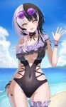  1girl absurdres ass ass_focus black_hair black_one-piece_swimsuit breasts casual_one-piece_swimsuit commentary covered_navel covered_underboob eyewear_on_head eyewear_on_headwear frilled_one-piece_swimsuit frilled_thigh_strap frills grey_hair highres holding holding_water_gun hololive hololive_dreams hololive_english large_breasts long_hair looking_at_viewer multicolored_hair official_alternate_costume one-piece_swimsuit purple-tinted_eyewear shiny_skin shiori_novella shiori_novella_(archived_night_pool) shohei_kanda single_wrist_cuff smile solo split-color_hair standing swimsuit thigh_strap tinted_eyewear two-tone_hair virtual_youtuber water_gun wet wrist_cuffs yellow_eyes 
