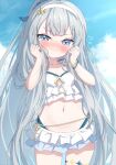  1girl absurdres bikini blue_eyes blue_sky blush closed_mouth cloud commentary_request day female_tyrant_(stella_sora) flying_sweatdrops grey_hair hairband hands_up highres long_hair masaki_(msk064) navel nose_blush outdoors sky solo stella_sora swimsuit tyrant_(stella_sora) v-shaped_eyebrows very_long_hair wavy_mouth white_bikini white_hairband 