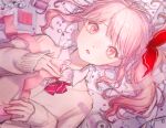 1other akiyama_mizuki androgynous bangs blurry bow bowtie cardigan collared_shirt depth_of_field dutch_angle hair_ribbon hands_up highres holding holding_ribbon long_hair long_sleeves looking_at_viewer lying note on_back paper parted_lips pink_eyes pink_hair pink_ribbon pink_theme pogpa47985618 project_sekai red_bow red_bowtie red_ribbon ribbon school_uniform shards shirt side_ponytail solo spool swept_bangs tape upper_body 