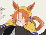  1boy 1girl animal_ears black_jacket black_necktie commentary_request dicta_striker_(umamusume) ears_through_headwear grey_background grey_hair grey_shirt grin highres ho_1000_ka hood hood_up hooded_jacket horse_ears horse_girl horse_tail hug jacket kouchi_tadashi multicolored_hair necktie orange_hair pov shirt simple_background smile streaked_hair striped_clothes striped_shirt tail umamusume umamusume:_cinderella_gray vertical-striped_clothes vertical-striped_shirt yellow_jacket 
