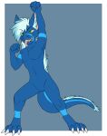  5_fingers anthro athletic athletic_anthro athletic_male black_eyebrows blue_body blue_ears blue_hair blue_inner_ear_fluff blue_tail claws digital_media_(artwork) eye_through_hair eyebrow_through_hair eyebrows fangs featureless_crotch fingers forked_tongue front_view green_eyes hair hi_res inner_ear_fluff male martinballamore navel nude open_mouth pecs pink_inner_ear pink_tongue pose solo toe_claws tongue tongue_out translucent translucent_hair tuft white_claws 