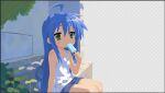  1girl big_hair blue_hair commentary english_commentary food food_in_mouth green_eyes highres izumi_konata long_hair lucky_star mole mole_under_eye niconiikura pixel_art popsicle popsicle_in_mouth simple_background solo vest white_background white_vest 