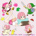  1girl :q animal_crossing anyoji_hime anyoji_hime_(summer_loungewear) barefoot blonde_hair blue_eyes closed_mouth commentary cosplay dated diagonal-striped_background dual_wielding gradient_hair green_hat green_tunic handheld_game_console happy_birthday hasu_no_sora_school_uniform hat holding holding_handheld_game_console holding_shield holding_sword holding_weapon inkling kase_(ks_lys) link link_(cosplay) long_hair love_live! love_live!_hasu_no_sora_jogakuin_school_idol_club lying mario_(series) minecraft minecraft_(style) multi-tied_hair multicolored_hair multiple_views nintendo_switch_2 olimar olimar_(cosplay) on_stomach pikmin_(creature) pikmin_(series) pink_background pink_hair pink_shorts pixel_text playing_games playing_video_games poke_ball poke_ball_(basic) pokemon ponytail purple_background school_uniform shield shirt shoes short_shorts short_sleeves shorts smile spacesuit splat_dualies_(splatoon) splatoon_(series) splatoonification striped_background super_star_(mario) sword t-shirt the_legend_of_zelda the_pose tongue tongue_out tunic two-tone_background untranslatable_commentary very_long_hair virtual_youtuber weapon white_shirt winter_uniform yellow_pikmin yellow_shoes |_| 