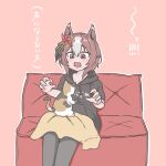  1girl animal animal_ears black_hoodie blush brown_hair cat commentary_request couch feet_out_of_frame grey_hair grey_pantyhose hair_between_eyes hair_ornament highres hood hood_down hoodie horse_ears itota_(taikoubou) multicolored_hair on_couch open_mouth pantyhose pink_background pinwheel pinwheel_hair_ornament red_eyes simple_background sitting solo translation_request two-tone_hair umamusume wavy_mouth yaeno_muteki_(umamusume) 