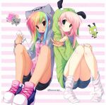  2000s_(style) 2girls animal_ears antonymph aqua_eyes arm_around_shoulder blush cat_ears commentary cosplay denim denim_shorts earphones fake_animal_ears faux_retro_artstyle fluttershy gir_(dog_costume)_(invader_zim) gir_(invader_zim) gir_(invader_zim)_(cosplay) gir_hoodie green_hoodie grey_hoodie highres holding holding_mp3_player hood hood_up hoodie invader_zim jelly_(bonnybel) knees_apart_feet_together knees_together_feet_apart lol_comics long_hair mp3_player multicolored_hair multiple_girls my_little_pony my_little_pony:_friendship_is_magic nyan_cat nyan_cat_(cosplay) personification pink_hair procreate_(medium) rainbow_dash rainbow_hair red_eyes scene_cut scene_fashion shared_earphones shoes shorts sitting sneakers socks tan tsurime vylet_pony 