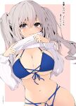  1girl bangs bikini blue_bikini blush breasts cleavage closed_mouth clothes_lift commentary_request grey_eyes grey_hair highres kantai_collection kashima_(kancolle) large_breasts lifted_by_self long_hair long_sleeves looking_at_viewer o-ring o-ring_bikini ribbed_sweater sakakiba_misogi signature simple_background solo sweater sweater_lift swimsuit translation_request twintails two-tone_background white_sweater 
