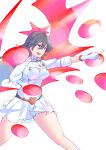  1girl absurdres bambietta_basterbine belt black_belt black_eyes black_hair bleach bleach:_sennen_kessen-hen breasts buckle buttons collared_jacket commentary double-breasted energy_ball energy_wings floating_hair gloves hair_between_eyes halo hat heart heart-shaped_buckle heart_pin highres jacket large_breasts long_hair long_sleeves looking_ahead military_hat military_uniform pleated_skirt quincy_(bleach) red_halo shirt simple_background skirt sleeves_rolled_up smile solo spinosaur1111 sternritter wandenreich_uniform white_background white_gloves white_jacket white_shirt white_skirt 